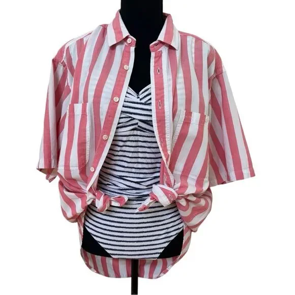 Woolrich Short Sleeve Button Front Red Stripe Cotton Shirt Womens XL - Picture 3 of 5